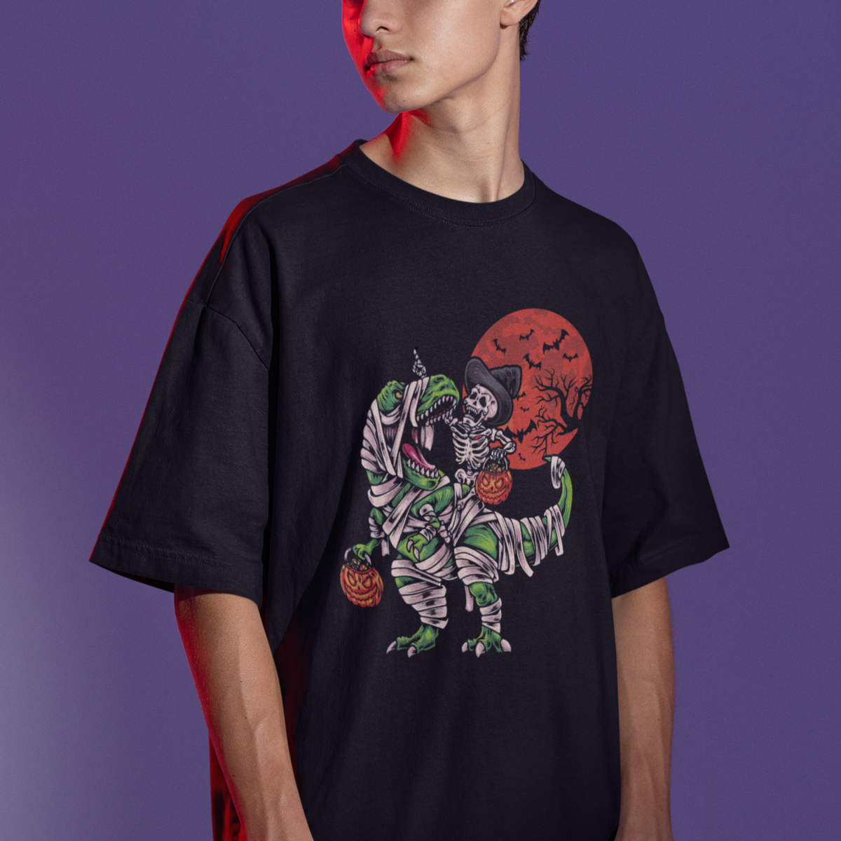 Halloween T Shirt Halloween Skeleton Riding Dinosaur Funny Scary Pumpkin - Wonder Print Shop