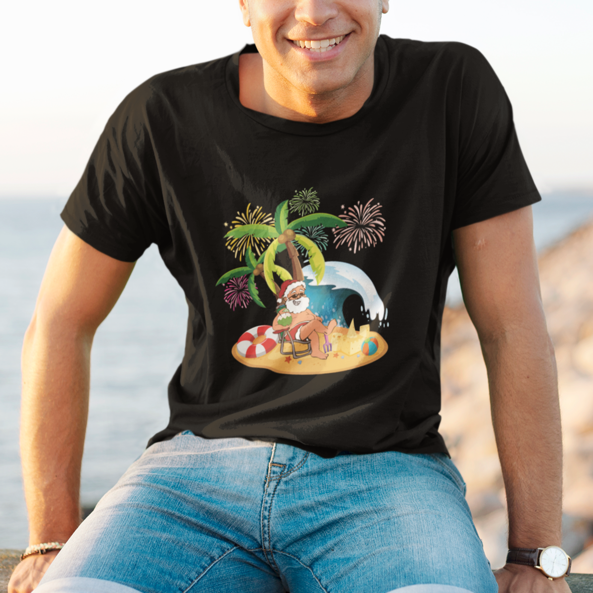 Christmas In Hawaii T Shirt Palm Tree Firework Santa At Beach Drinking Coconut - Wonder Print Shop