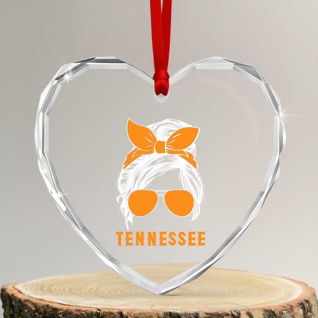 Tennessee Fan Heart Crystal Glass Ornament Volunteers College Football Lover Game Day Messy Bun - Wonder Print Shop