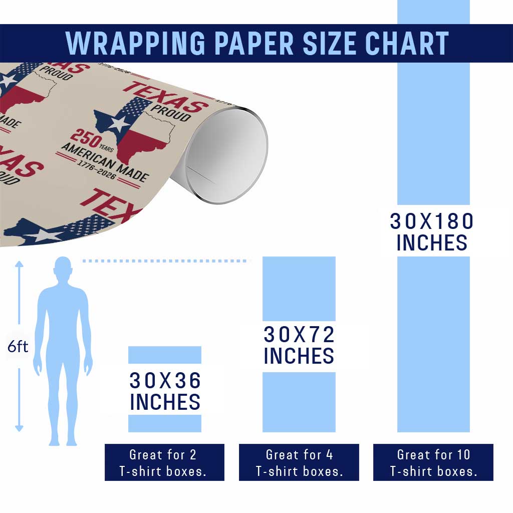 Texas Proud 250 Years Wrapping Paper Roll American Made 1776 to 2026 Semiquincentennial - Wonder Print Shop
