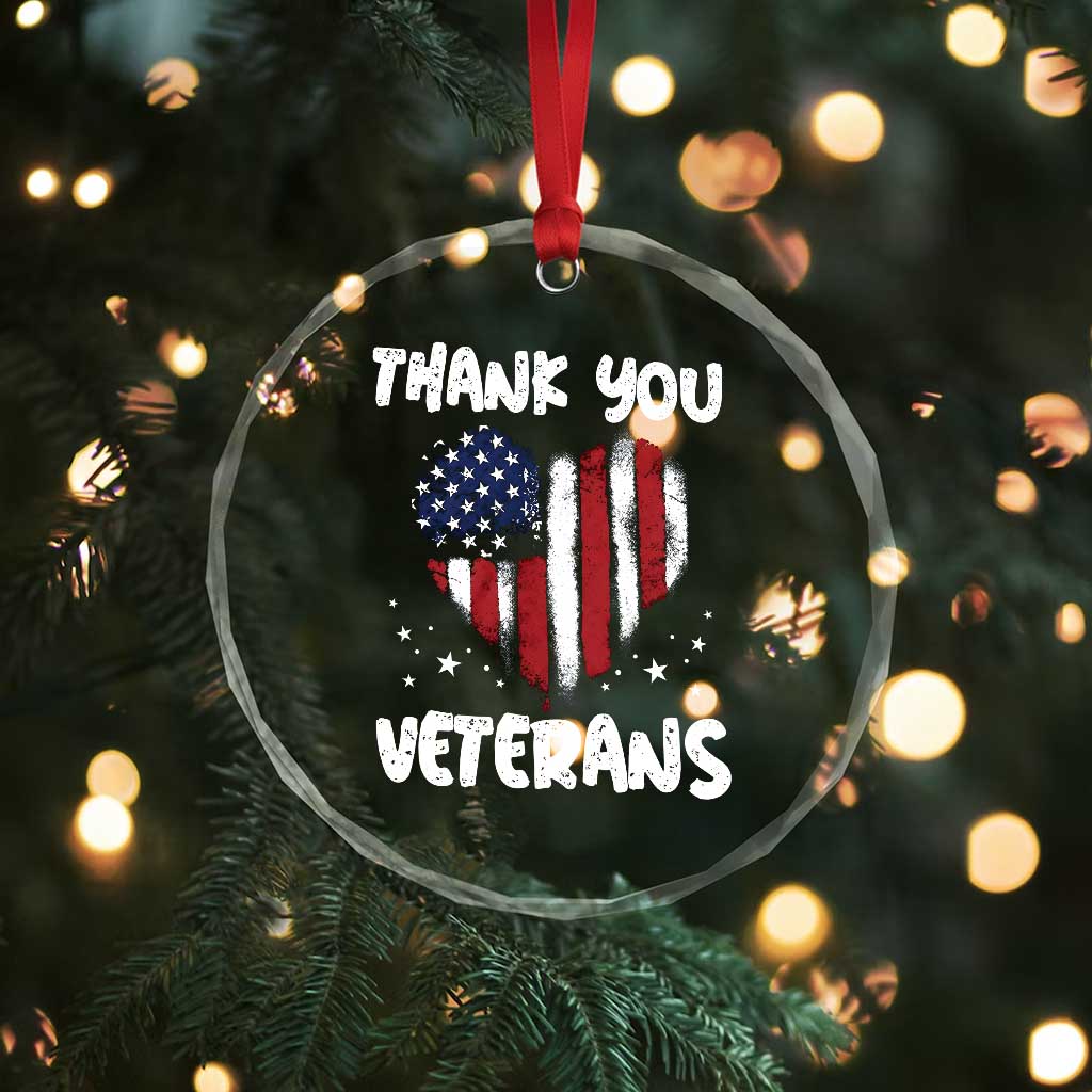 Thank You Veterans Crystal Glass Ornament Patriotic Veterans Day Grunge USA Flag Heart - Wonder Print Shop