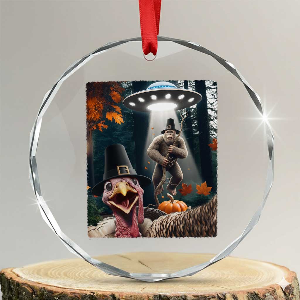 Thanksgiving Funny Bigfoot Turkey Selfie Crystal Glass Ornament - Wonder Print Shop