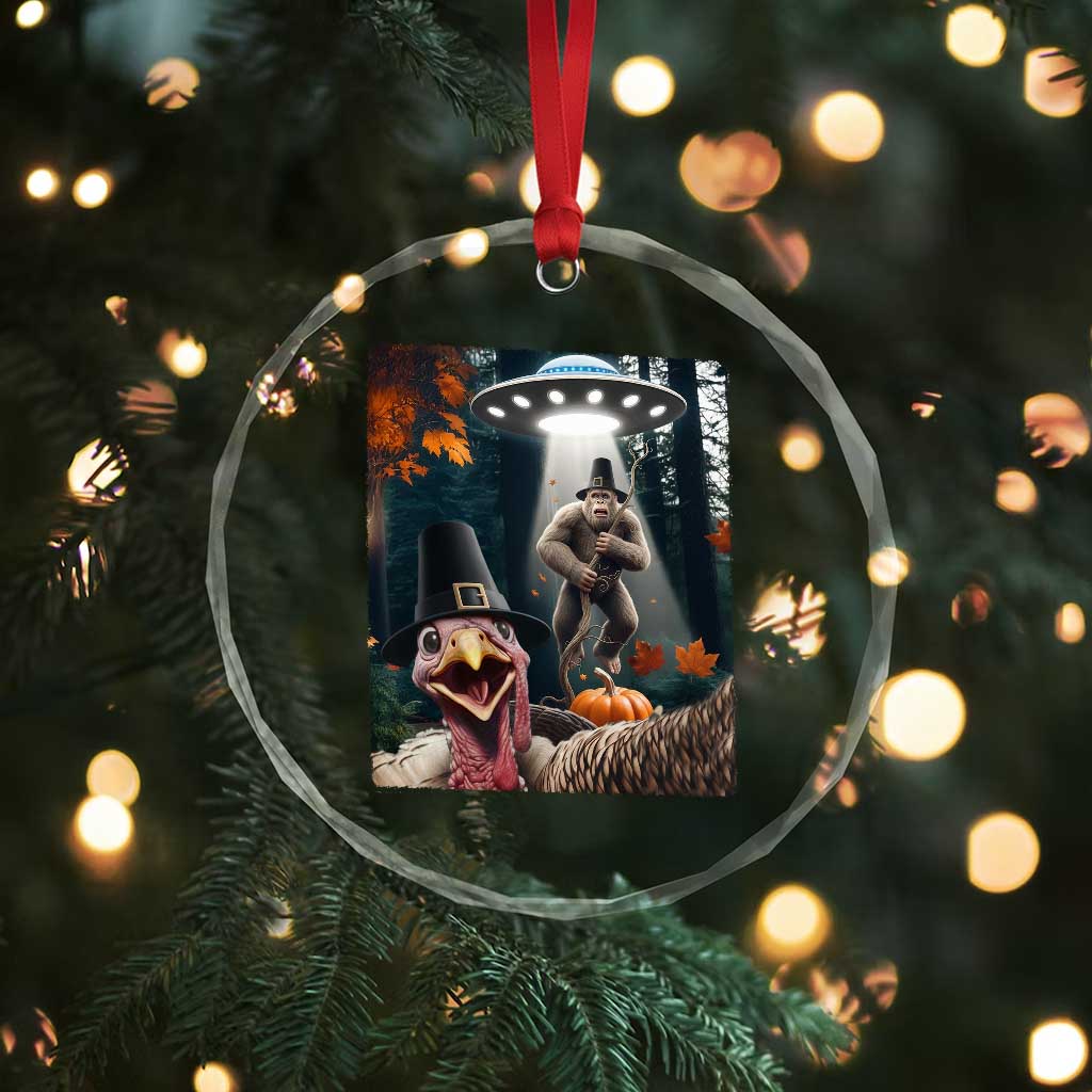Thanksgiving Funny Bigfoot Turkey Selfie Crystal Glass Ornament - Wonder Print Shop