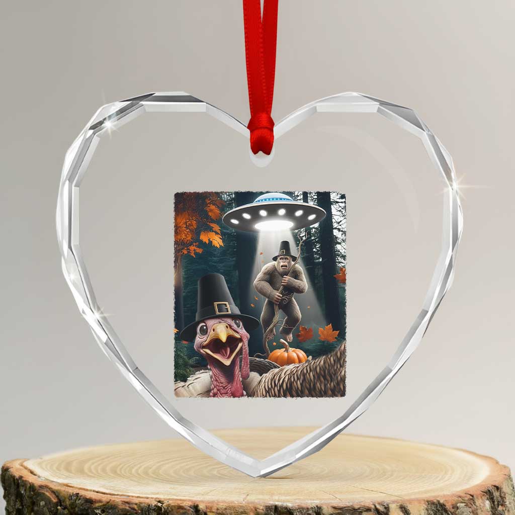Thanksgiving Funny Bigfoot Turkey Selfie Heart Crystal Glass Ornament - Wonder Print Shop