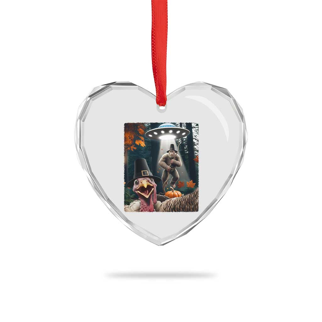 Thanksgiving Funny Bigfoot Turkey Selfie Heart Crystal Glass Ornament - Wonder Print Shop