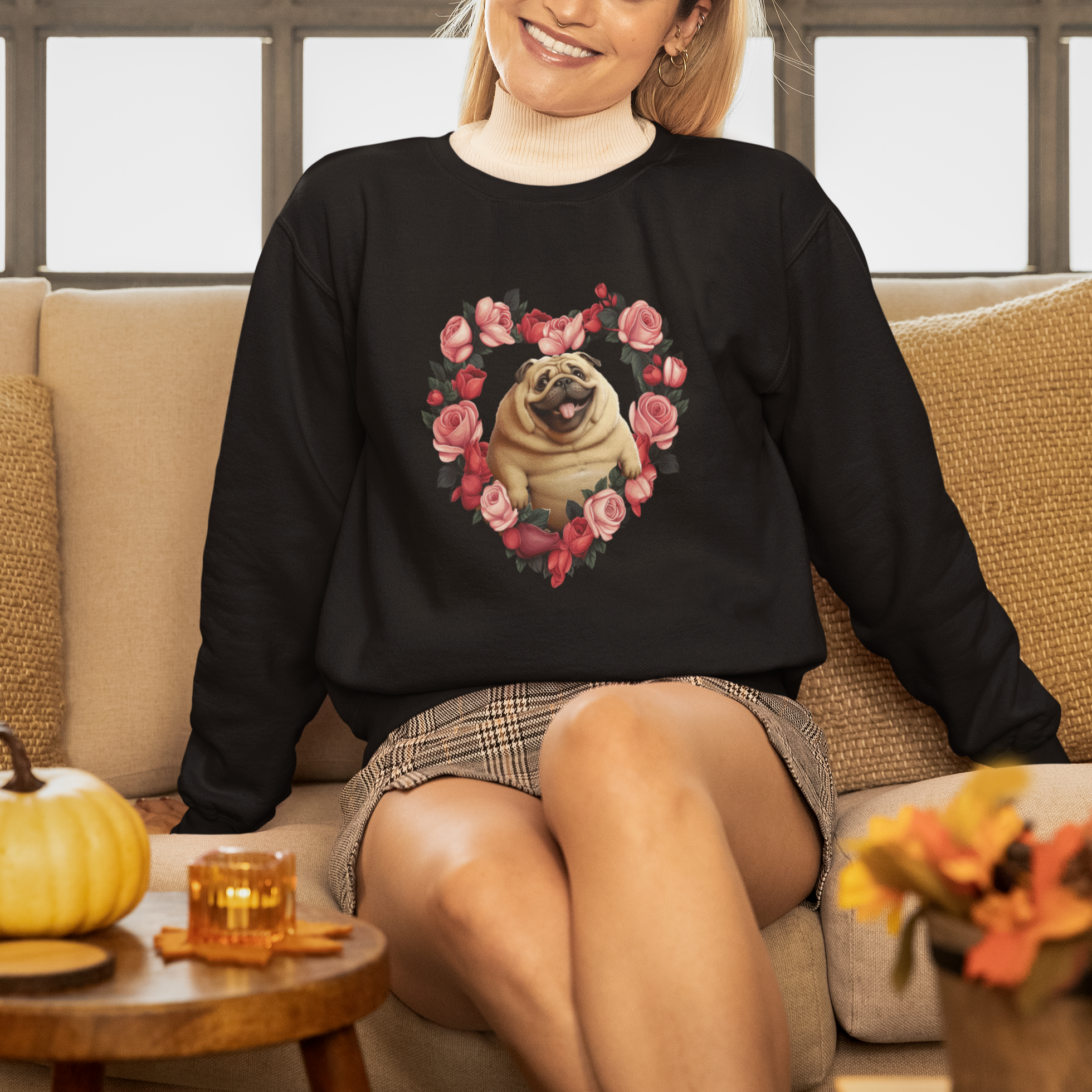 Valentine's Day Sweatshirt My Valentine Is Pug Cute Pet Dog Rose Heart Shape - Wonder Print Shop