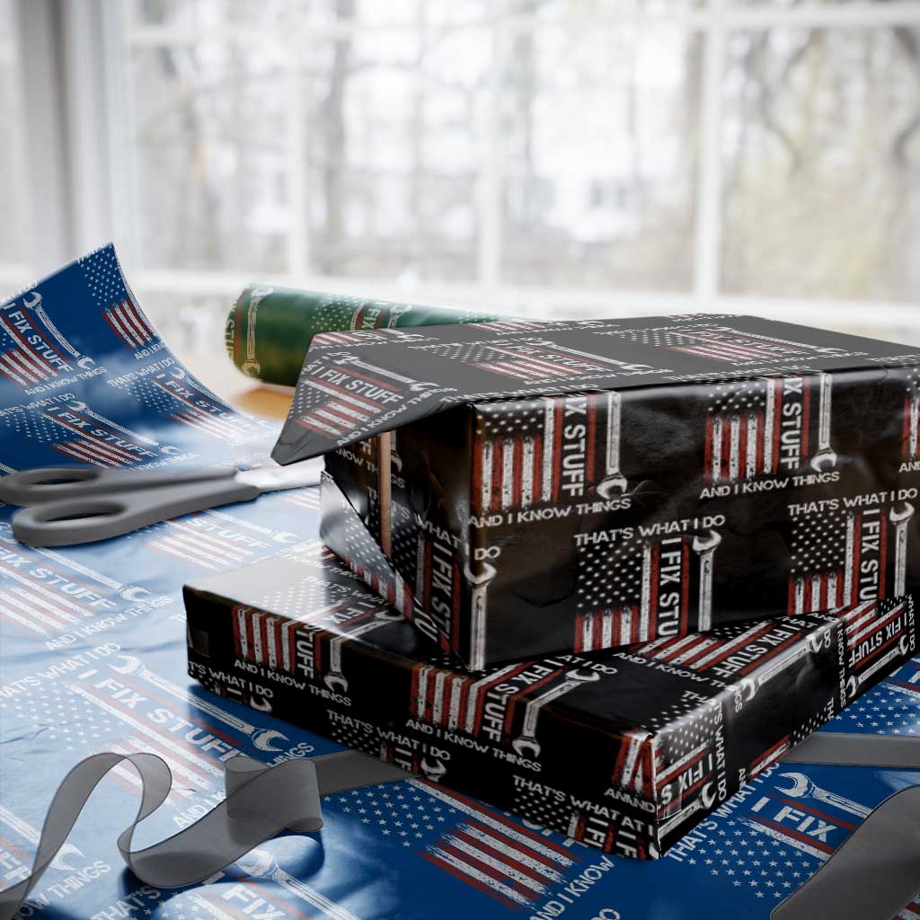 Thats What I Do I Fix Stuff And I Know Things Wrapping Paper Roll Funny Mechanic Engineer Vintage American Flag