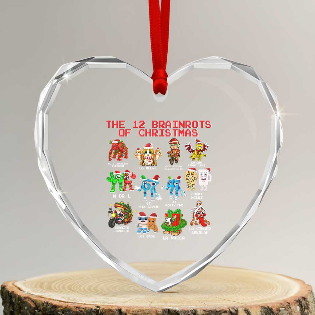 The 12 Brainrots of Christmas Heart Crystal Glass Ornament Funny Cursed Meme Holiday Gag Gift - Wonder Print Shop