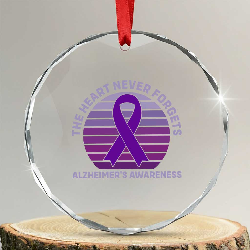 The Heart Never Forgets Alzheimers Support Crystal Glass Ornament Vintage Sunset Purple Ribbon Graphic