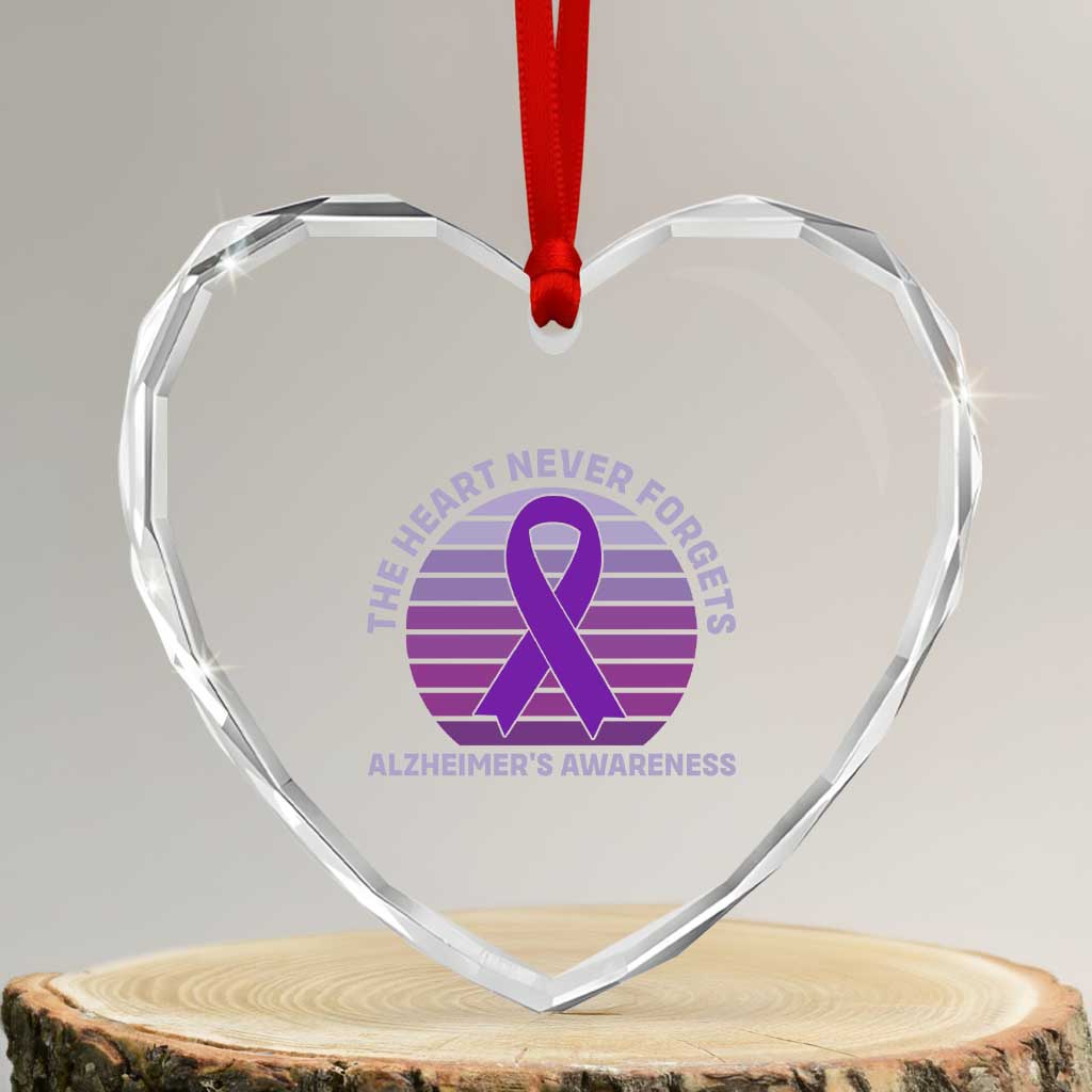 The Heart Never Forgets Alzheimers Support Heart Crystal Glass Ornament Vintage Sunset Purple Ribbon Graphic
