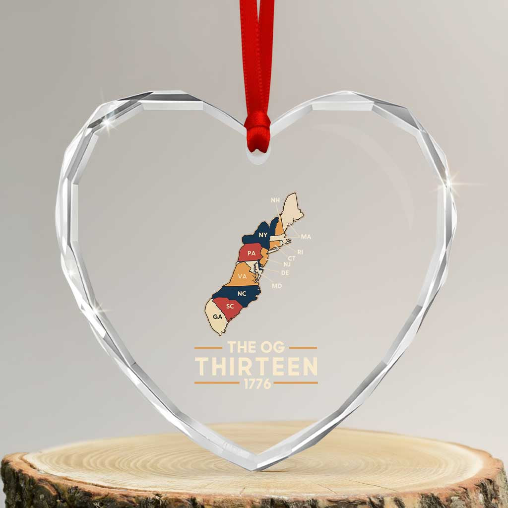 The OG Thirteen 1776 Original Colonies Map Heart Crystal Glass Ornament Funny Retro American History