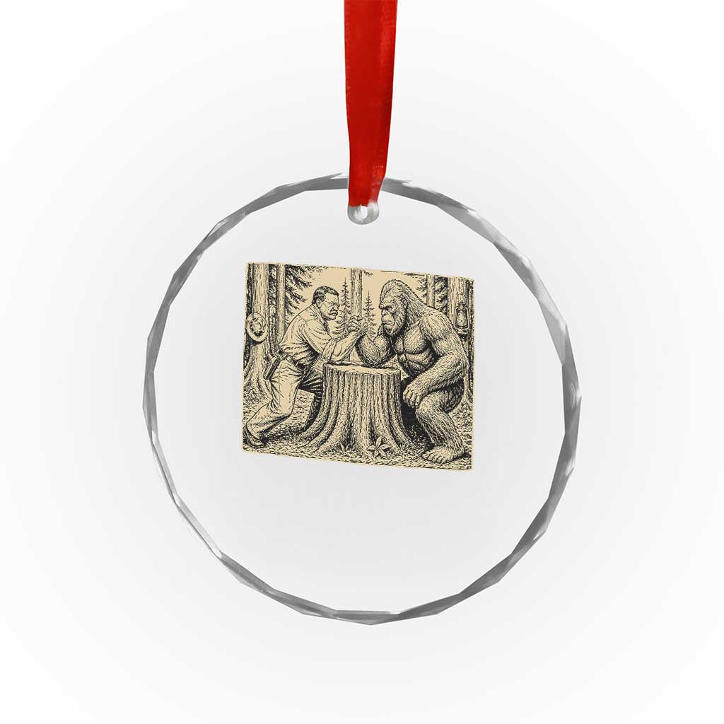 Theodore Roosevelt and Bigfoot Arm Wrestling Retro Crystal Glass Ornament
