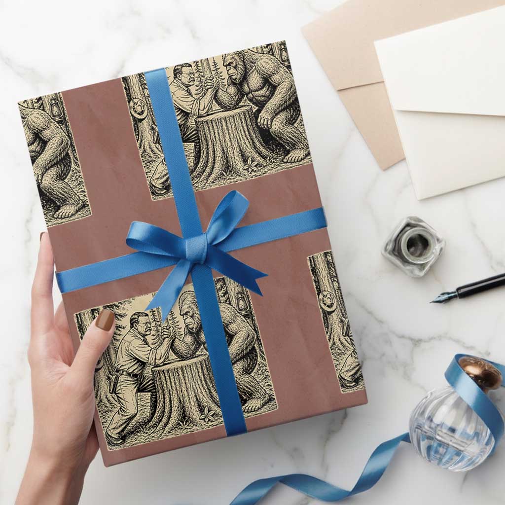 Theodore Roosevelt and Bigfoot Arm Wrestling Retro Wrapping Paper Roll