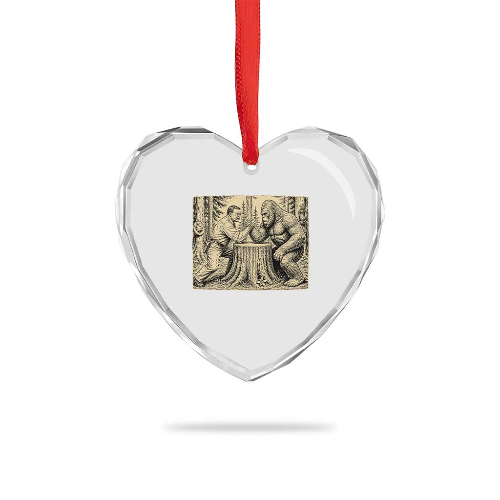 Theodore Roosevelt and Bigfoot Arm Wrestling Retro Heart Crystal Glass Ornament