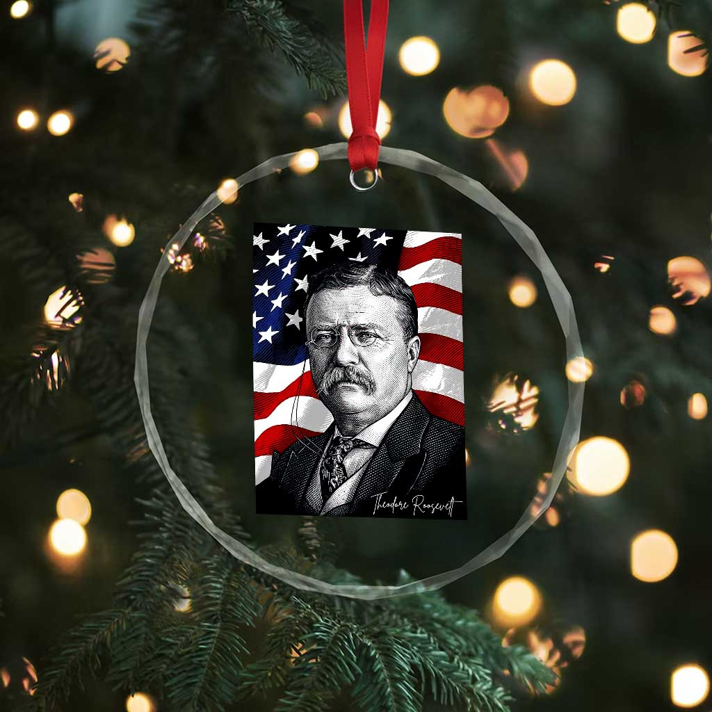 Theodore Roosevelt Patriotic American Flag President Crystal Glass Ornament