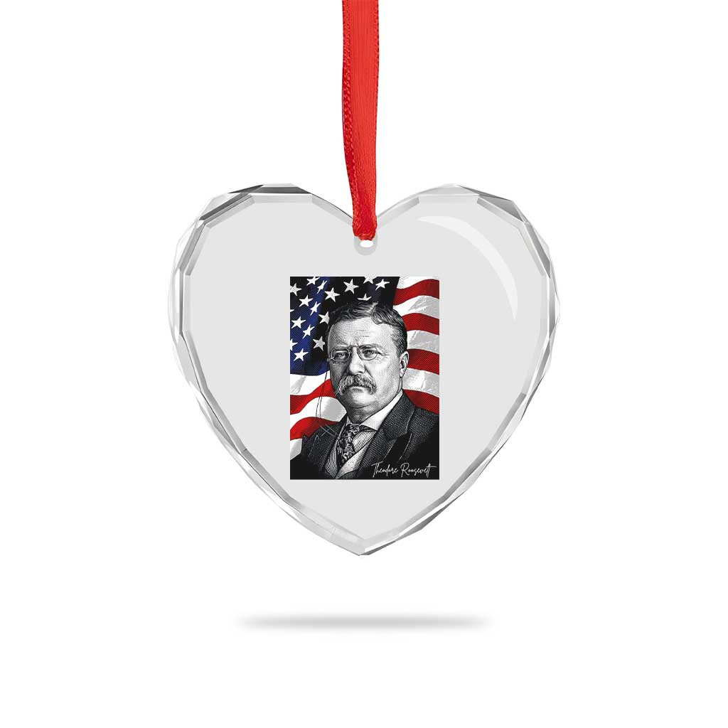 Theodore Roosevelt Patriotic American Flag President Heart Crystal Glass Ornament