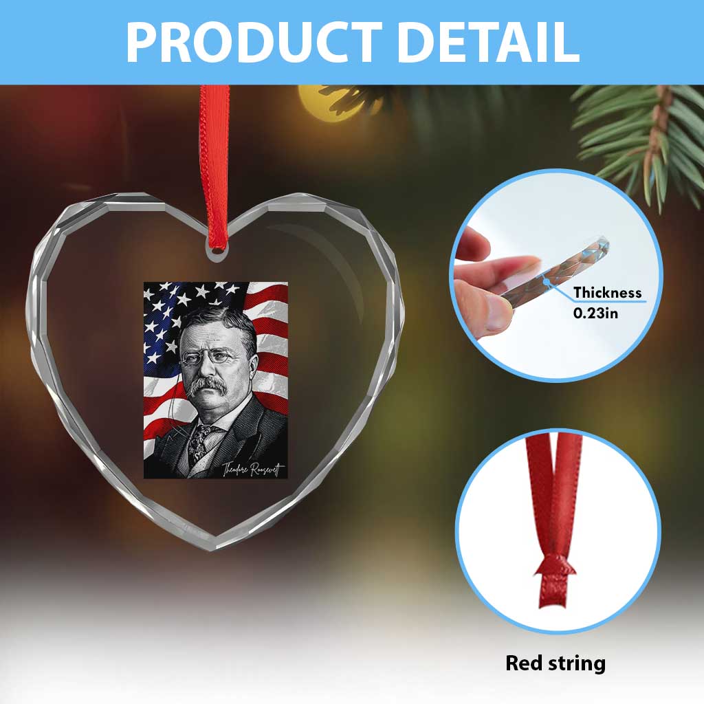 Theodore Roosevelt Patriotic American Flag President Heart Crystal Glass Ornament