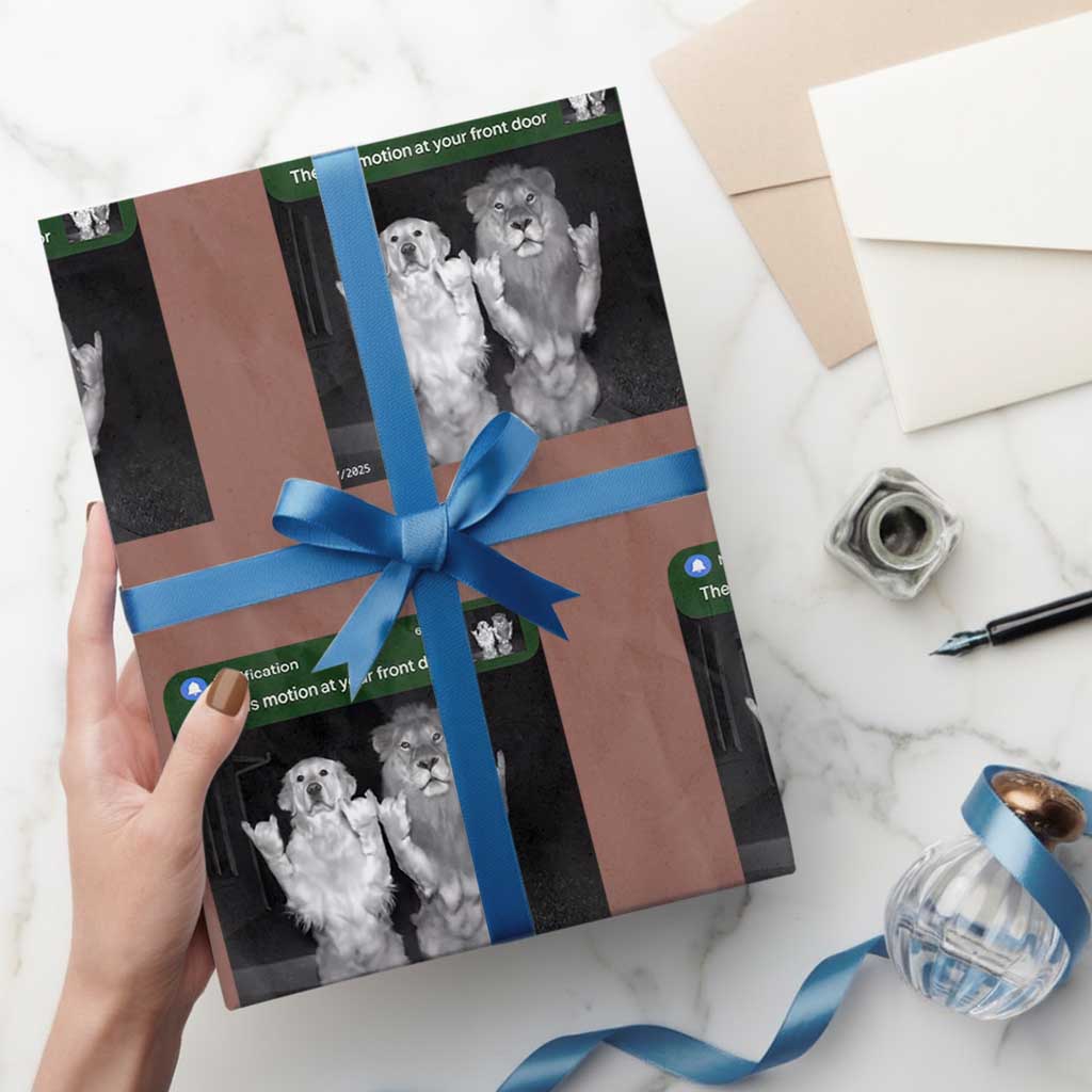 There is Motion at Your Front Door Wrapping Paper Roll Funny Golden Retriever Dog And Lion Motion Meme - Wonder Print Shop