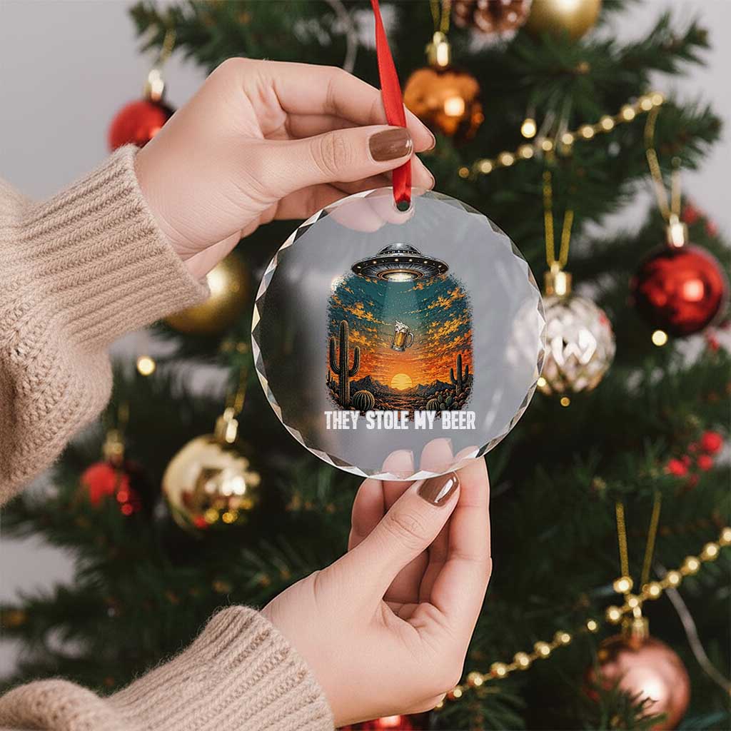 They Stole My Beer Crystal Glass Ornament Funny UFO Abducting Beer Mug Vintage Western Gift
