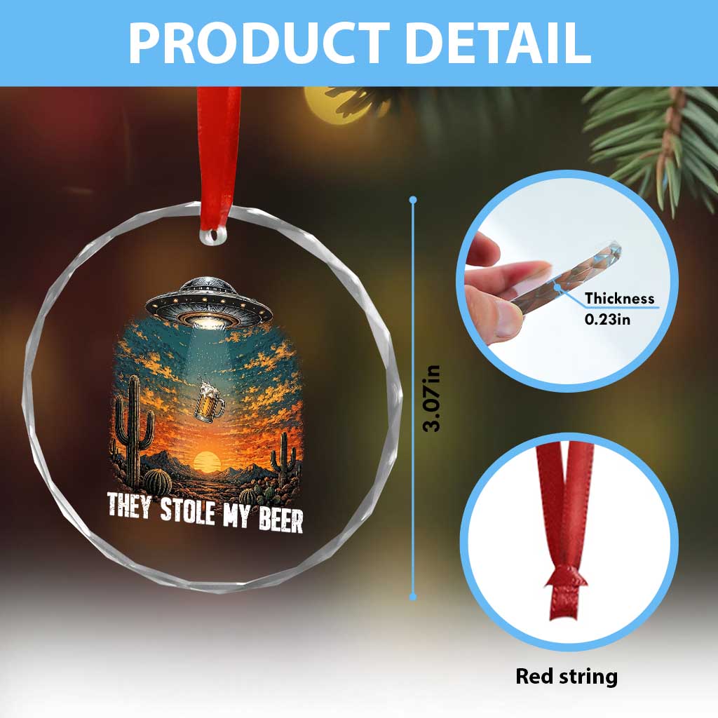 They Stole My Beer Crystal Glass Ornament Funny UFO Abducting Beer Mug Vintage Western Gift