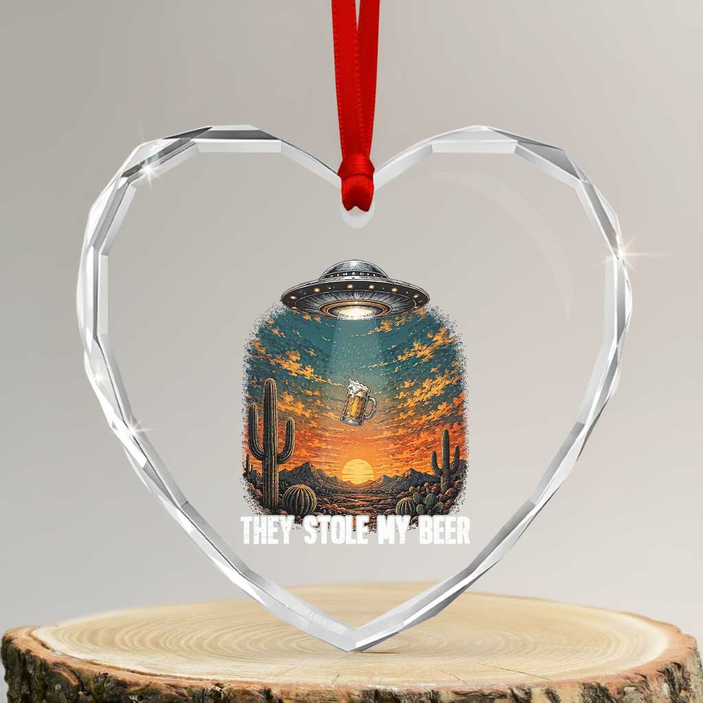 They Stole My Beer Heart Crystal Glass Ornament Funny UFO Abducting Beer Mug Vintage Western Gift