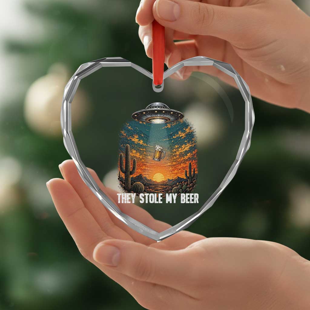 They Stole My Beer Heart Crystal Glass Ornament Funny UFO Abducting Beer Mug Vintage Western Gift