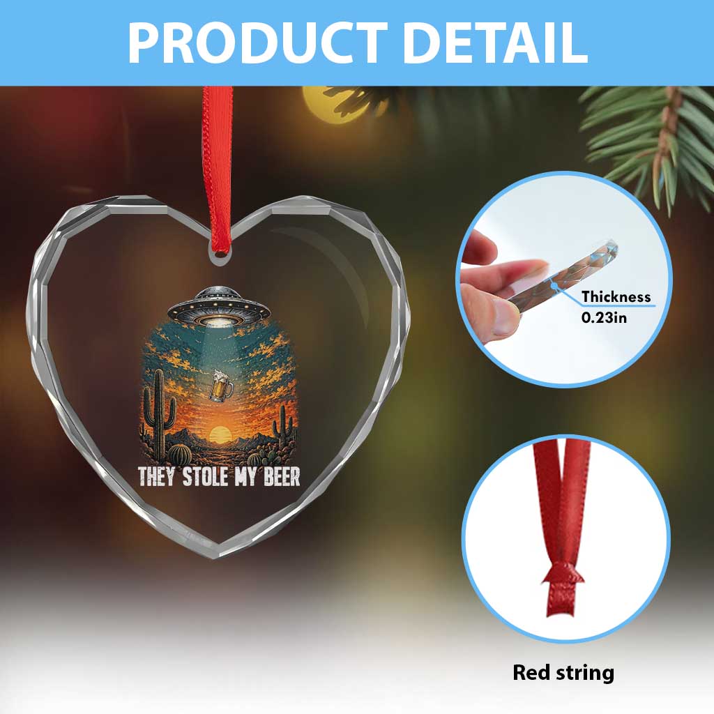 They Stole My Beer Heart Crystal Glass Ornament Funny UFO Abducting Beer Mug Vintage Western Gift