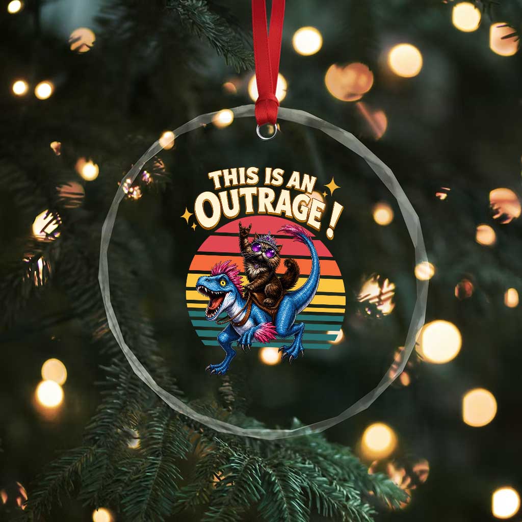 This Is An Outrage Cat Riding Dinosaur Crystal Glass Ornament Sci-Fi Book Lover Gift