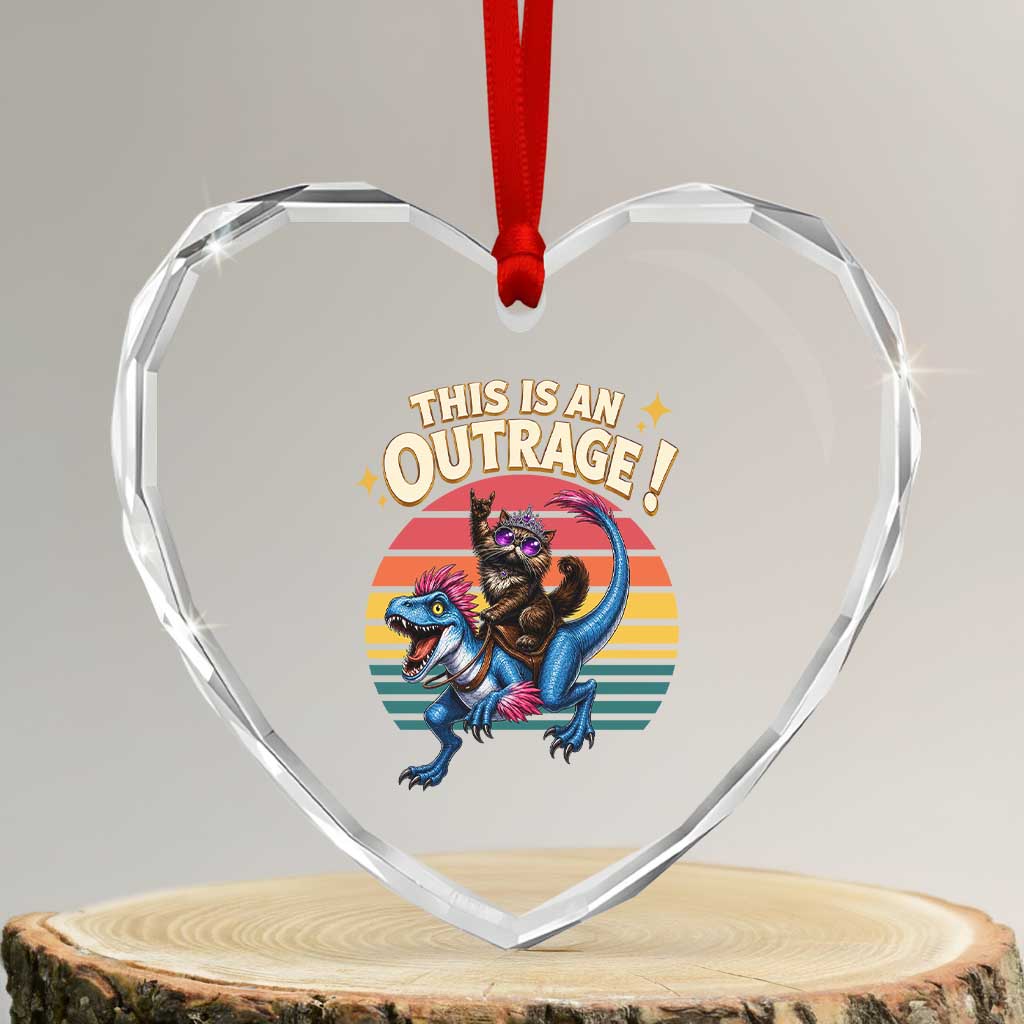 This Is An Outrage Cat Riding Dinosaur Heart Crystal Glass Ornament Sci-Fi Book Lover Gift