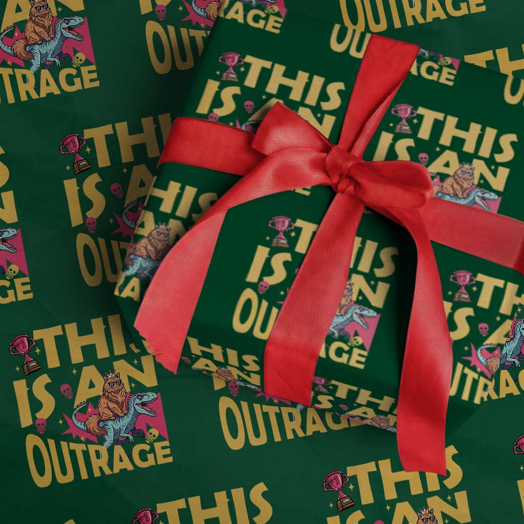 This Is An Outrage Sassy Cat Riding Raptor Dinosaur Wrapping Paper Roll Retro Pop Art Graphic
