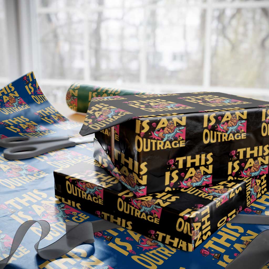 This Is An Outrage Sassy Cat Riding Raptor Dinosaur Wrapping Paper Roll Retro Pop Art Graphic