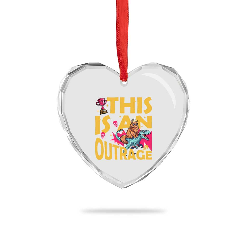 This Is An Outrage Sassy Cat Riding Raptor Dinosaur Heart Crystal Glass Ornament Retro Pop Art Graphic