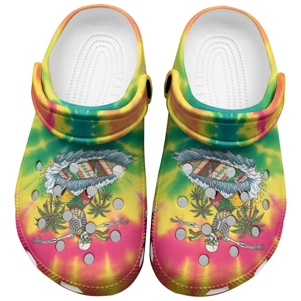 Tie-Dye Skeleton Surfing Lithuania Clogs Shoes It’s 5 O’Clock Somewhere - Wonder Print Shop