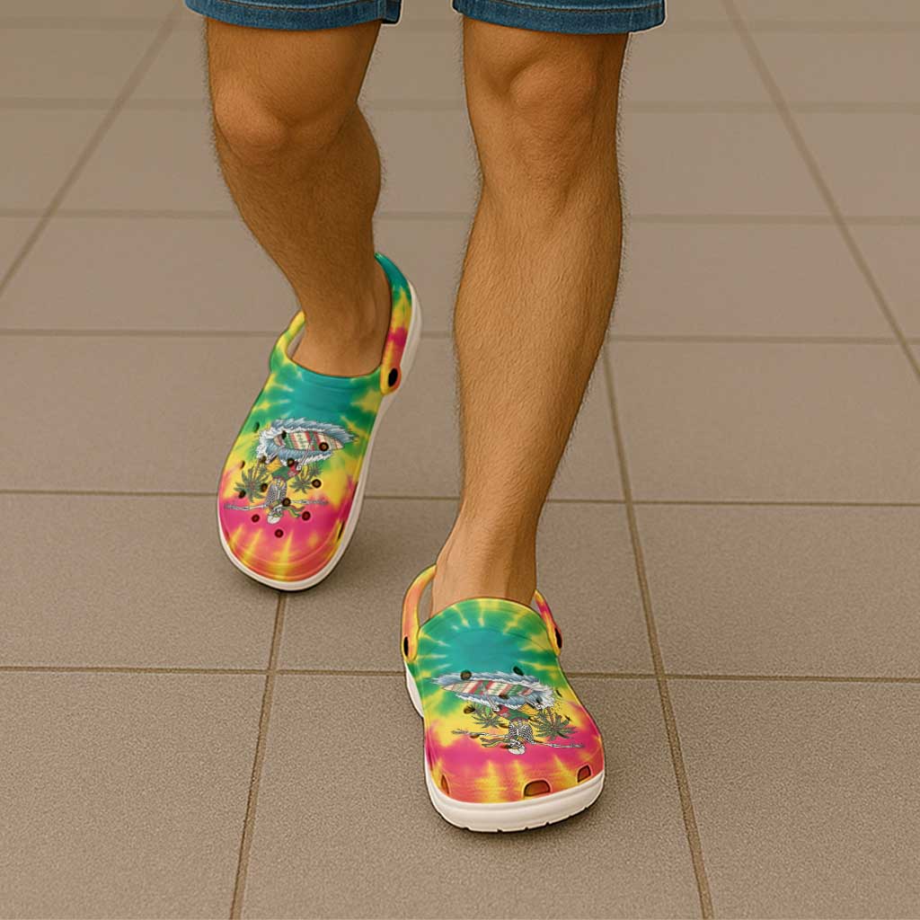 Tie-Dye Skeleton Surfing Lithuania Clogs Shoes It’s 5 O’Clock Somewhere - Wonder Print Shop