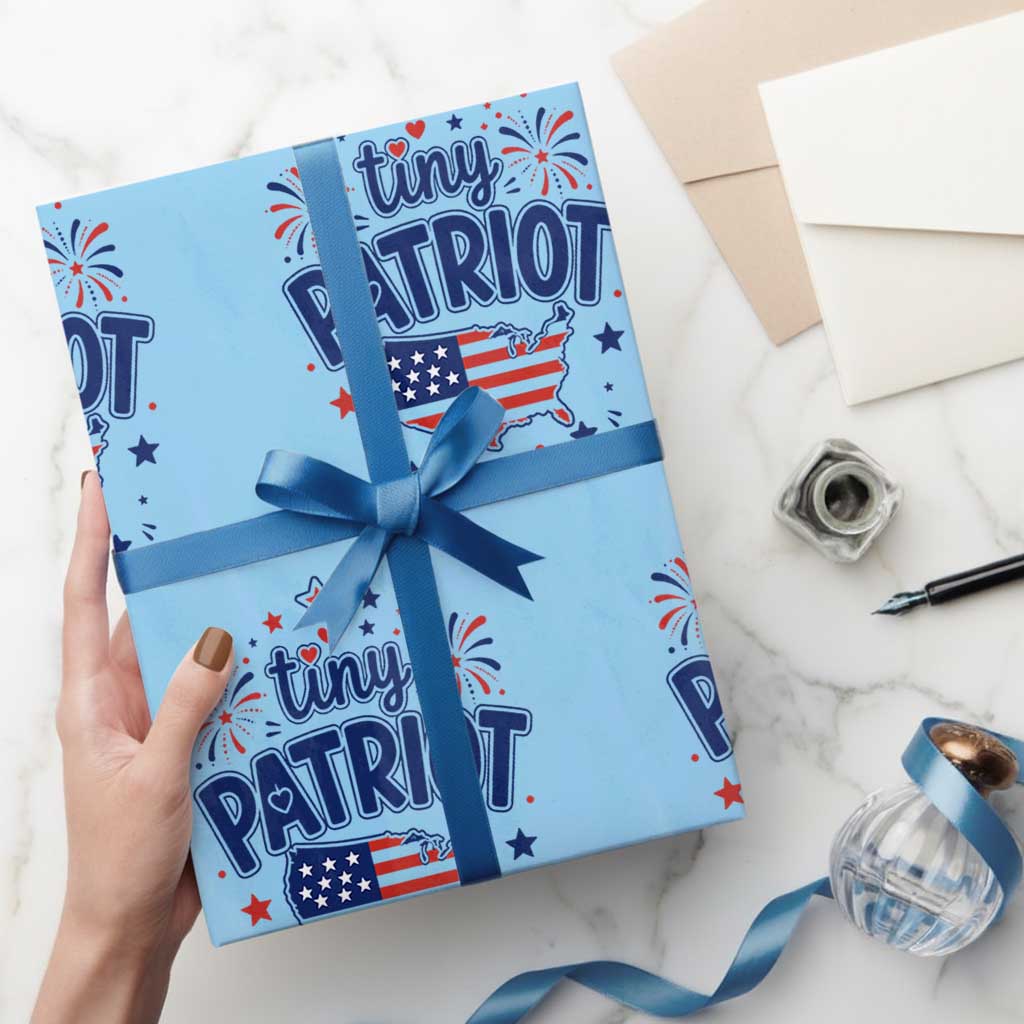 Tiny Patriot 4th of July Fireworks Wrapping Paper Roll USA Map American Flag Red White and Blue Patriotic Holiday