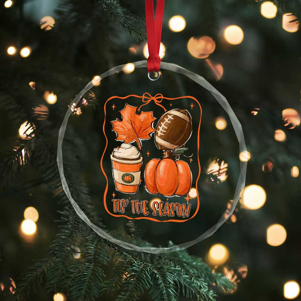 Tis The Season Fall Thanksgiving Crystal Glass Ornament Retro Coquette Bow American Football Pumpkin - Wonder Print Shop