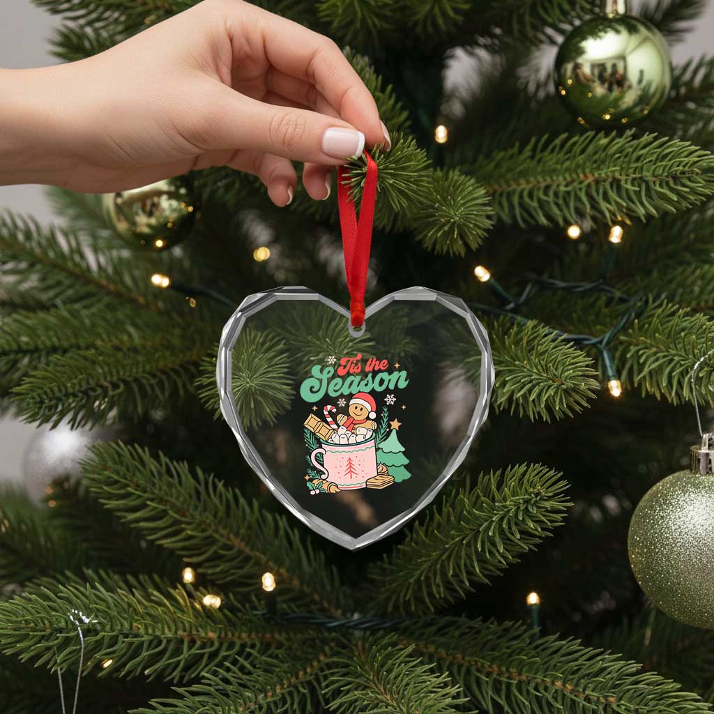 Tis The Season Xmas Heart Crystal Glass Ornament Groovy Retro Gingerbread Hot Cocoa - Wonder Print Shop