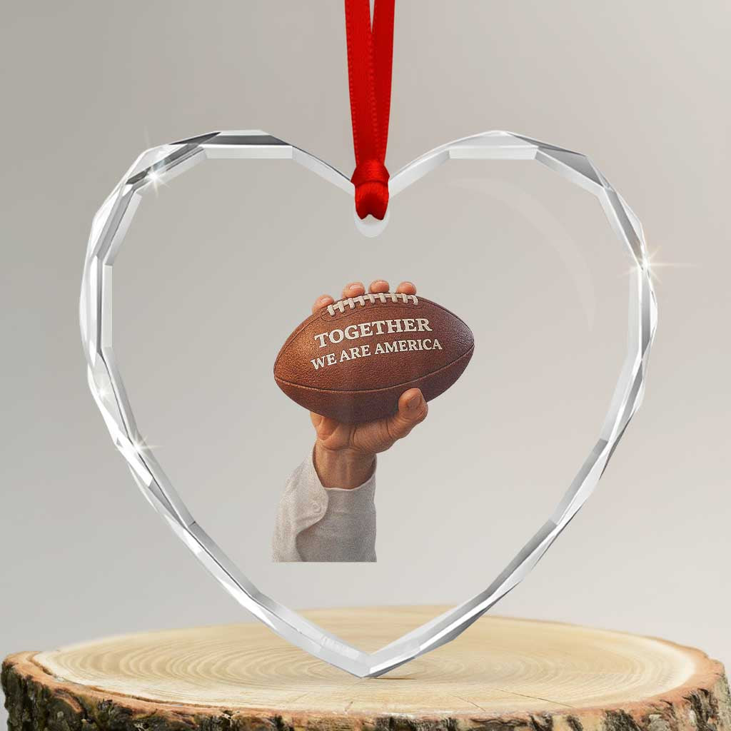 Together We Are America Bunny Holding Football Heart Crystal Glass Ornament Unity Game Day Inspirational Quote