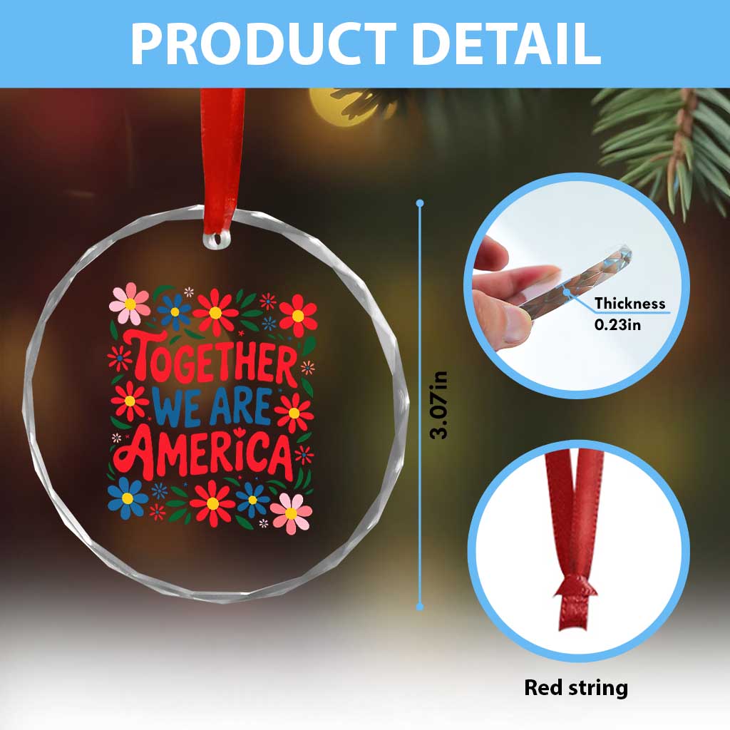 Together We Are America Floral Patriotic Crystal Glass Ornament Retro Red White and Blue Bunny Inspirational Quote