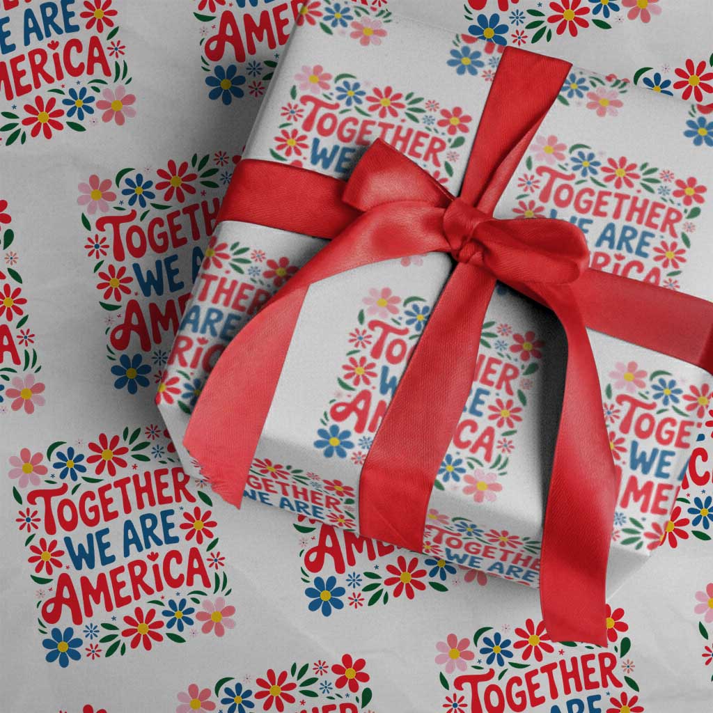 Together We Are America Floral Patriotic Wrapping Paper Roll Retro Red White and Blue Bunny Inspirational Quote