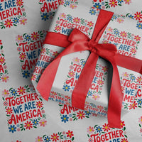 Together We Are America Floral Patriotic Wrapping Paper Roll Retro Red White and Blue Bunny Inspirational Quote