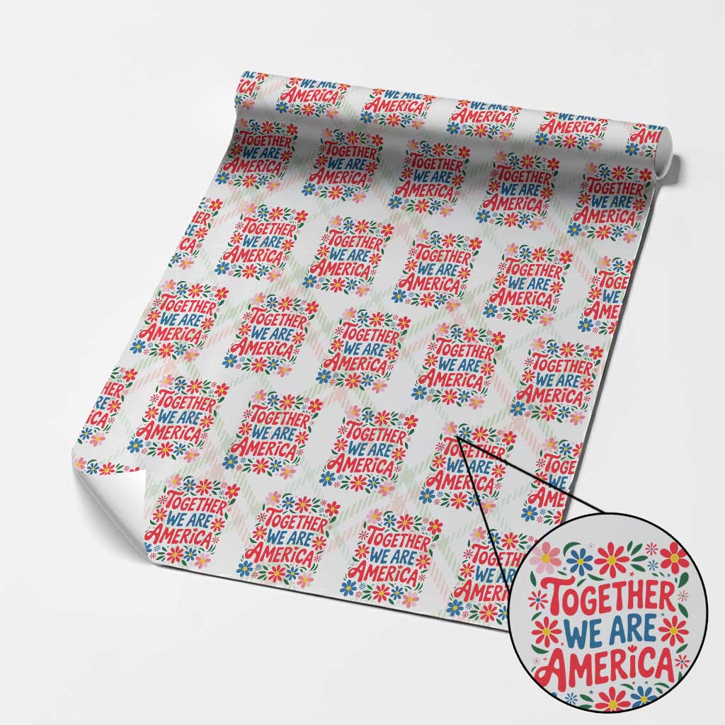 Together We Are America Floral Patriotic Wrapping Paper Roll Retro Red White and Blue Bunny Inspirational Quote