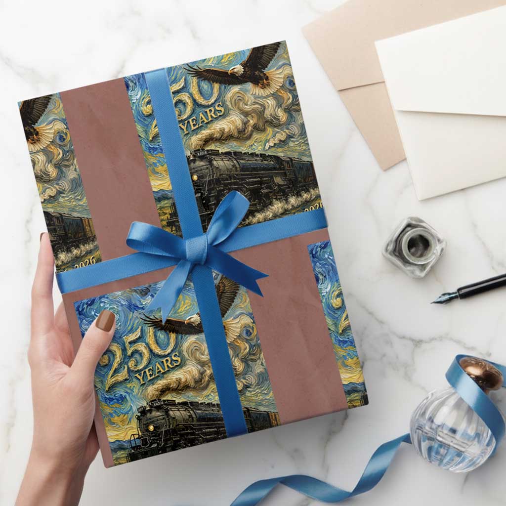 Train USA 250 Year Anniversary 1776 2026 Wrapping Paper Roll Van Gogh Art Steam Locomotive Railroad Starry Night