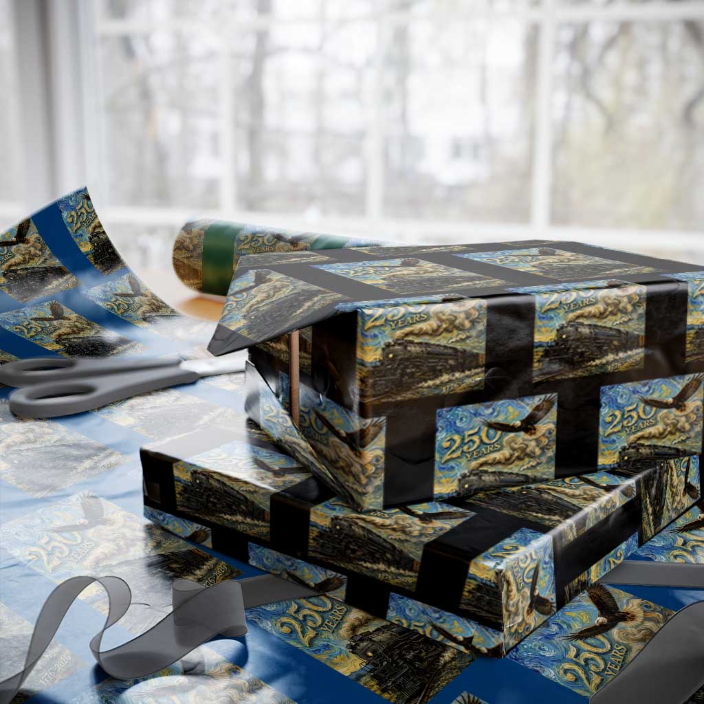 Train USA 250 Year Anniversary 1776 2026 Wrapping Paper Roll Van Gogh Art Steam Locomotive Railroad Starry Night