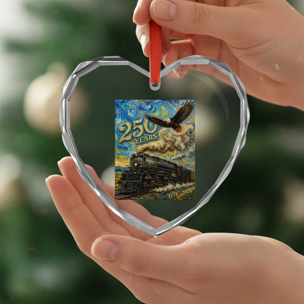 Train USA 250 Year Anniversary 1776 2026 Heart Crystal Glass Ornament Van Gogh Art Steam Locomotive Railroad Starry Night
