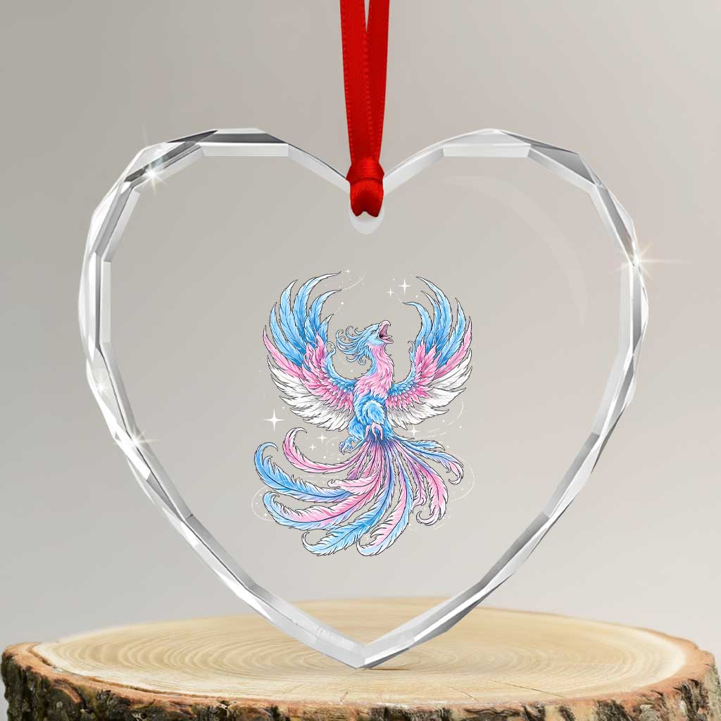 Transgender Phoenix Reborn Heart Crystal Glass Ornament Trans Pride Flag Bird