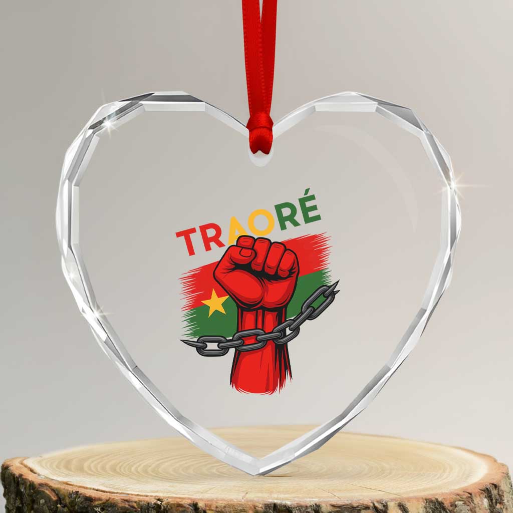 Traoré 2025 Burkina Faso Flag Heart Crystal Glass Ornament Raised Fist Broken Chains - Wonder Print Shop