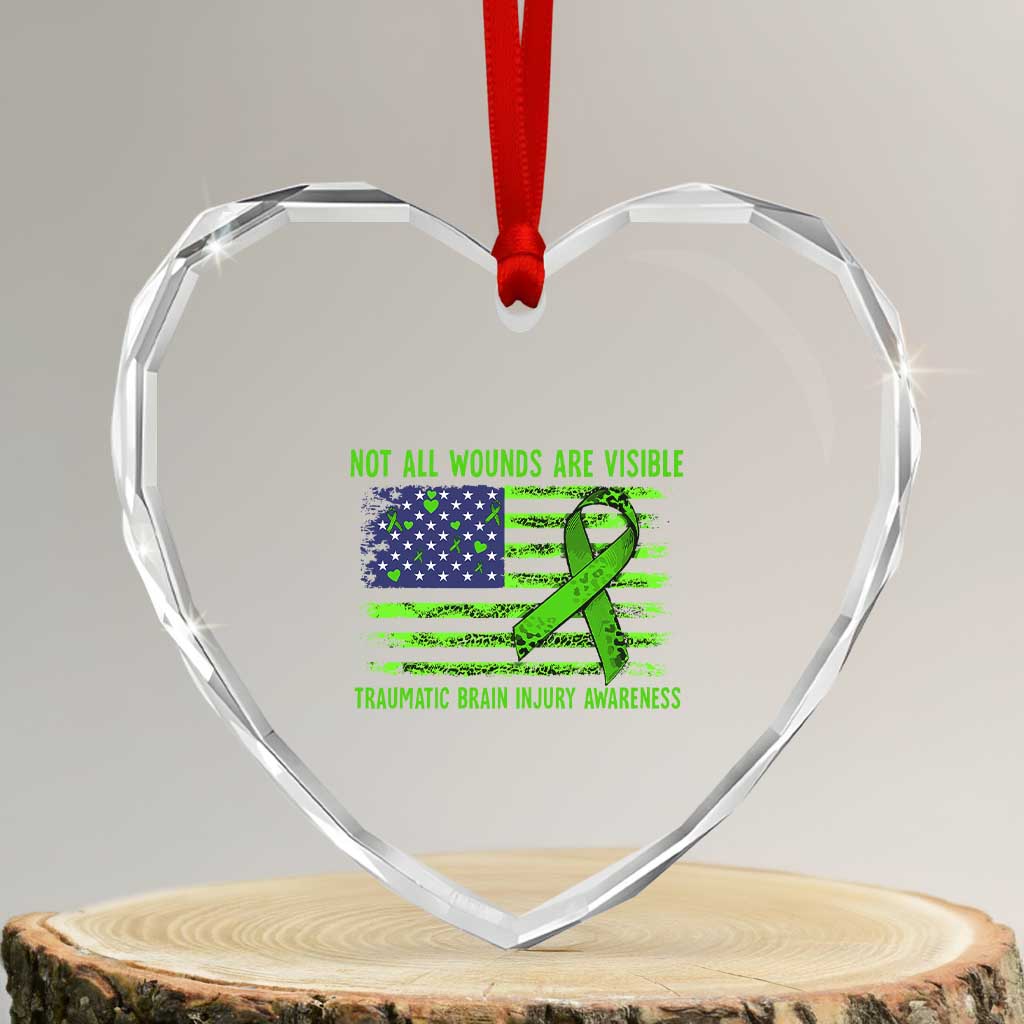 Traumatic Brain Injury Awareness Heart Crystal Glass Ornament Not All Wounds Are Visible TBI Warrior American Flag - Wonder Print Shop