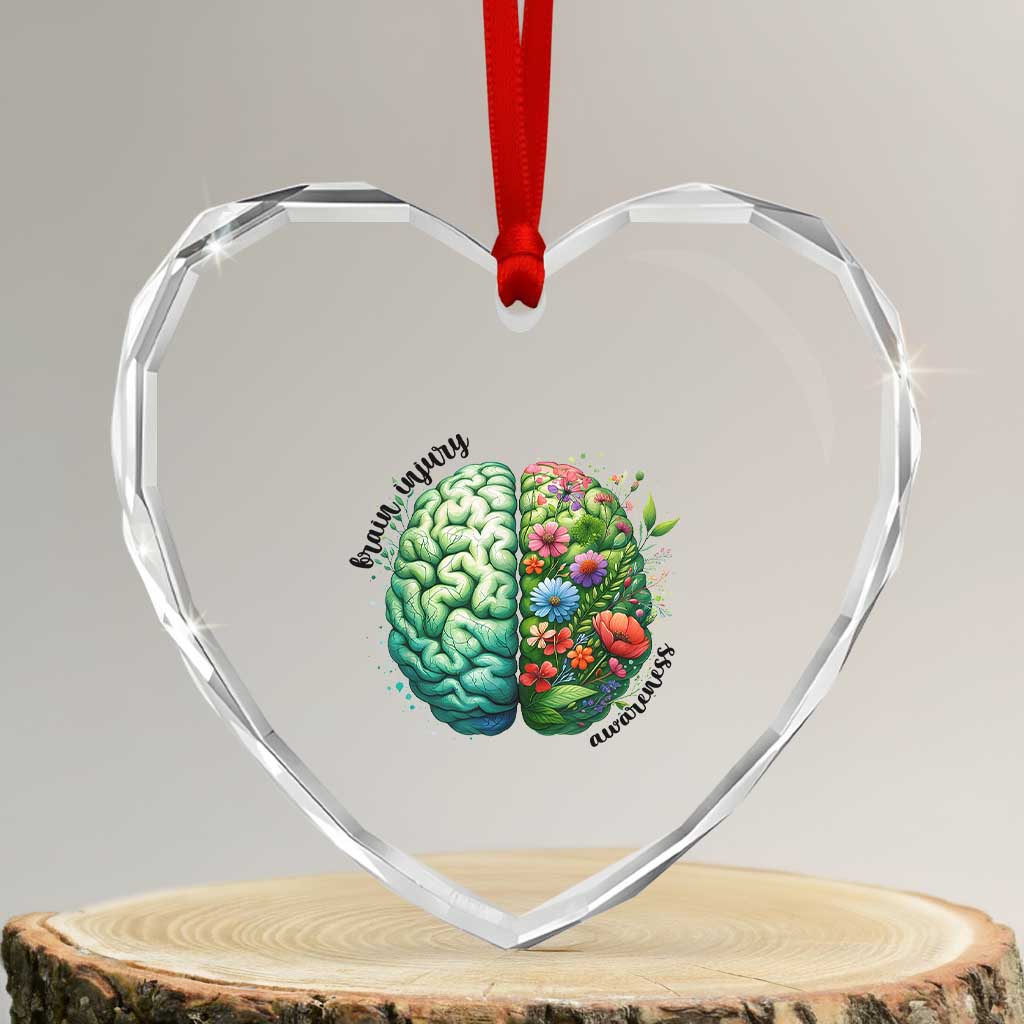 Traumatic Brain Injury Awareness Heart Crystal Glass Ornament TBI Warrior Green Floral Brain - Wonder Print Shop