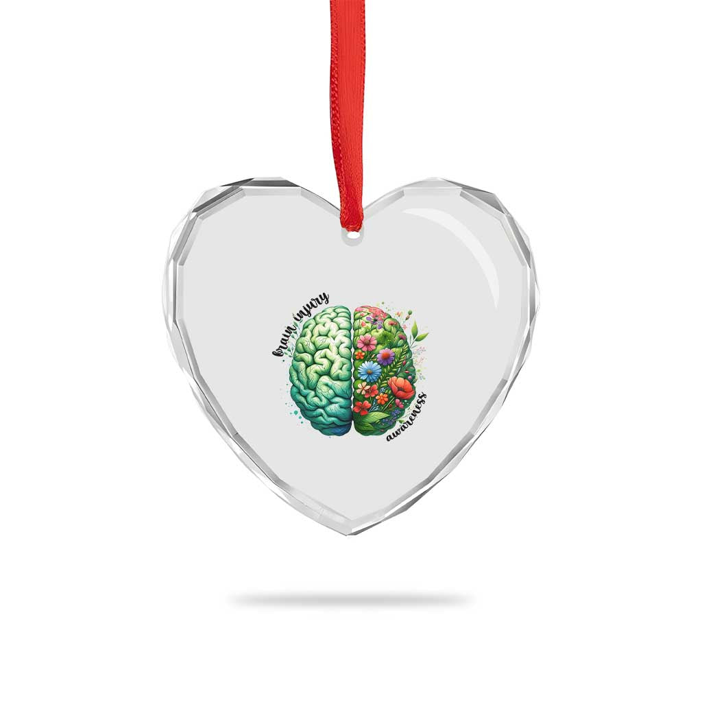 Traumatic Brain Injury Awareness Heart Crystal Glass Ornament TBI Warrior Green Floral Brain - Wonder Print Shop